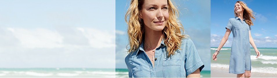 double image of woman in denim dress on the beach - Left image close up pf her looking up at the sky - right image of her arms out near the water