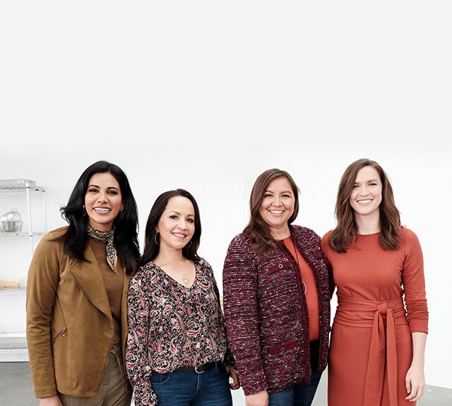 Graphic banner with the portraits of  all of the women for food  - (left to right) Lavanya Mahate, Sandra Aleman - Nijjar, Valerie Segrest, and Karen Rogers